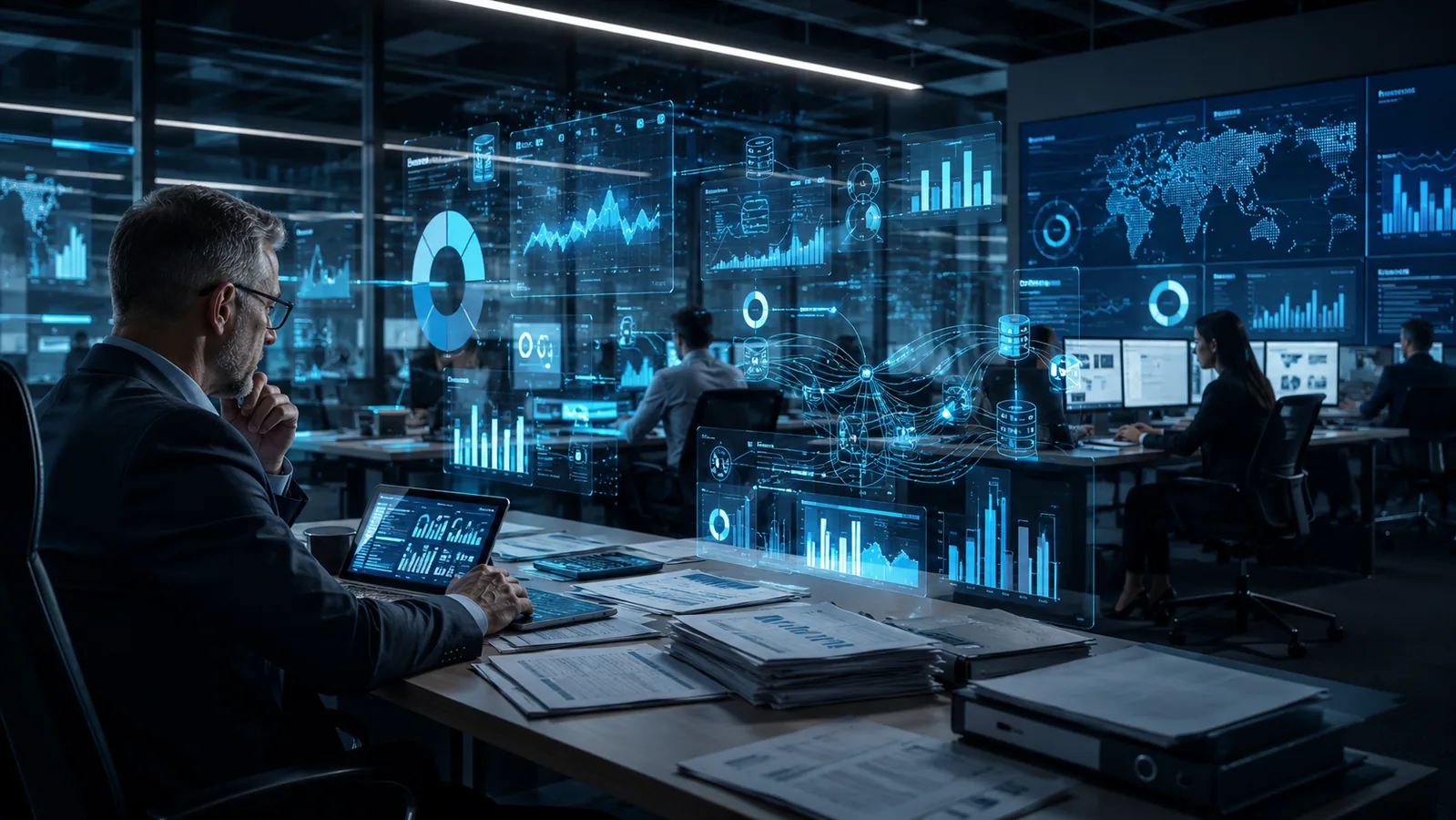 Ambiente tecnológico ilustrativo com profissionais analisando dados operacionais
